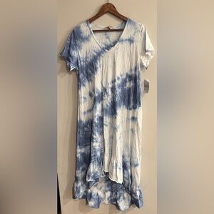 SUNNY STUDIO Womens Blue & White Tie Dye Short Sleeve High Low Ruffle Maxi Dress
